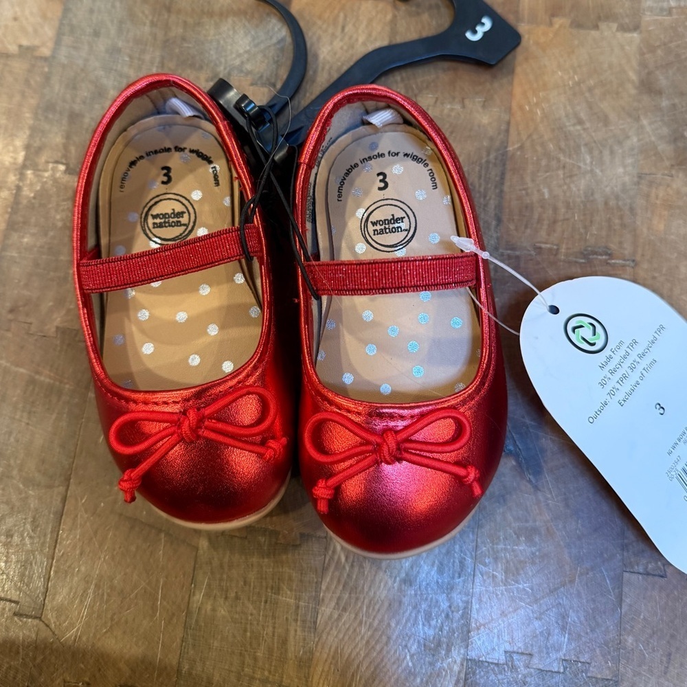 wonder nation Red Metallic Mary Jane Ballet Flats with Bow Toddler Sz 3 New